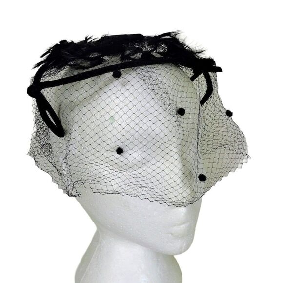 Vintage 40's 50's Black Velvet & Feathers Net Wired Fascinator Head Piece Hat - Picture 10 of 12